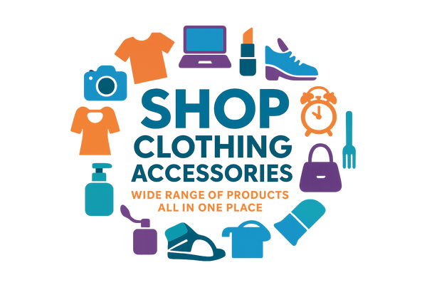 Colorful Shop Clothing Accessories logo with circular product arrangement