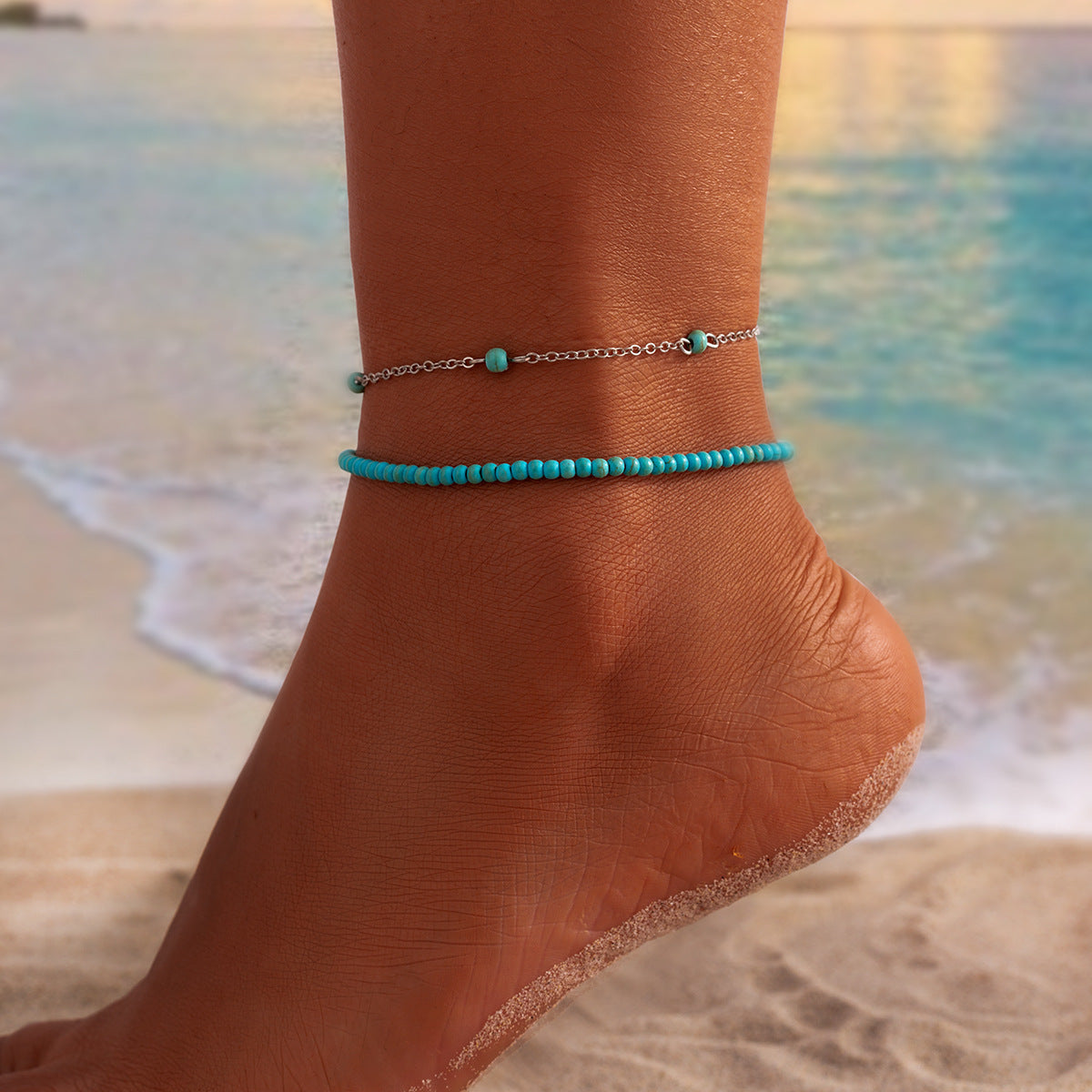 Ocean Vibes Multi-Layered Beaded Anklet Set